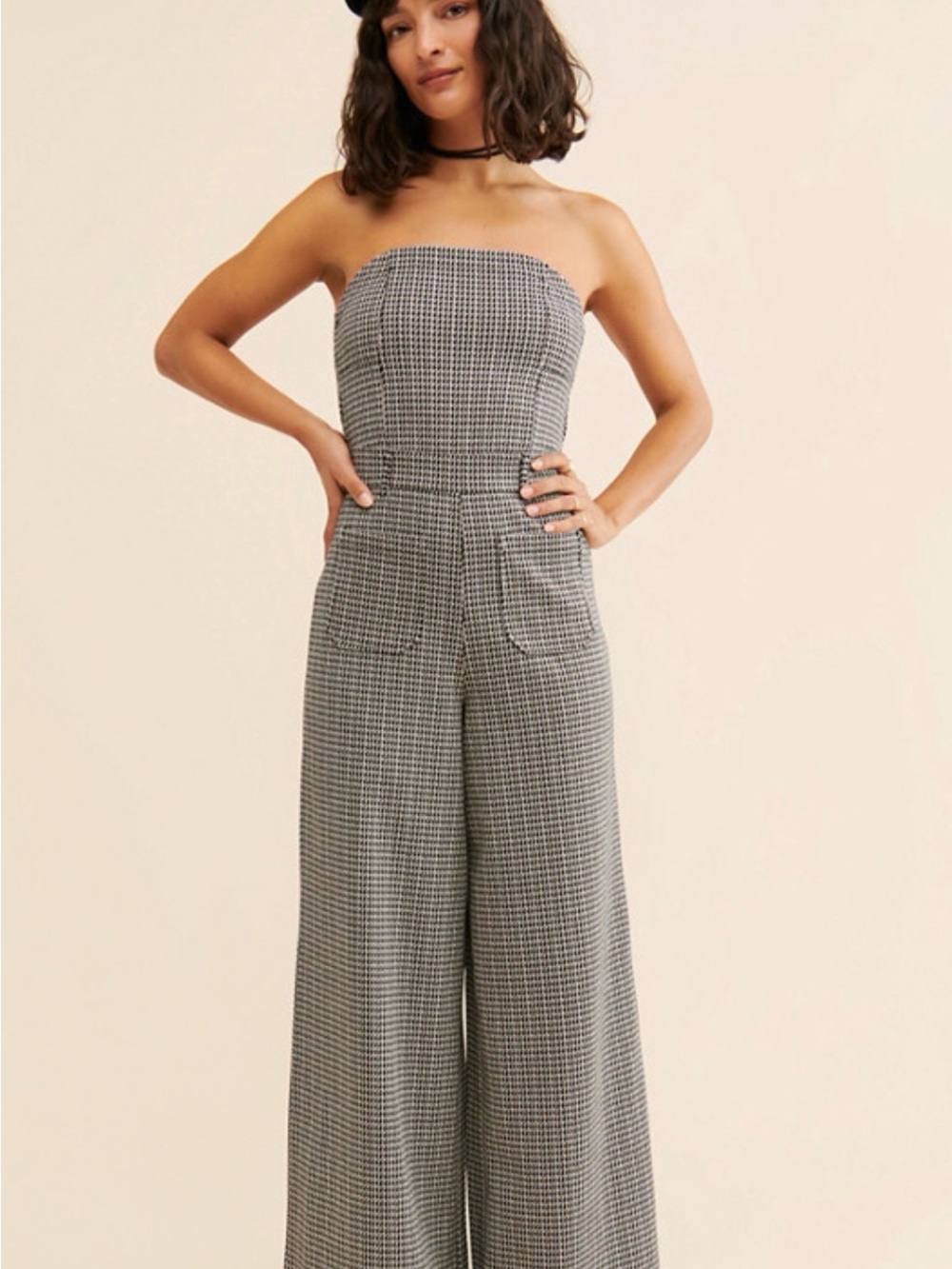 Anthropologie Maeve Strapless Wide-Leg Check Jumpsuit Black White Size 12P